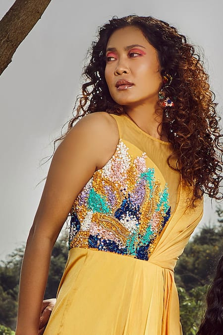 Buy_Babita Malkani_Yellow Net, Flat Chiffon, Italian Crepe Round Draped Embellished Jumpsuit_Online_at_Aza_Fashions