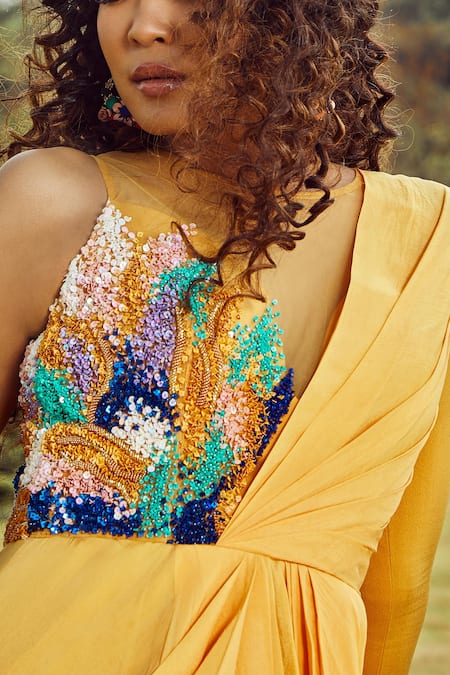 Shop_Babita Malkani_Yellow Net, Flat Chiffon, Italian Crepe Round Draped Embellished Jumpsuit_Online_at_Aza_Fashions