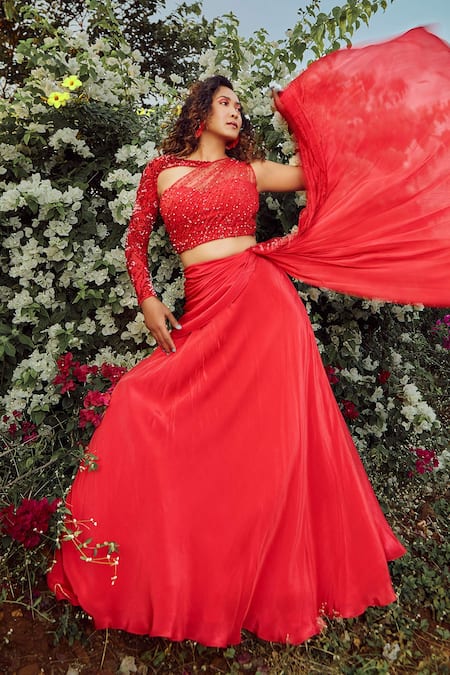 Shop Babita Malkani Red Net, Crepe Round Draped Lehenga And Blouse Set at Aza Fashions Shop_Babita Malkani_Red Net, Crepe Round Draped Lehenga And Blouse Set_at_Aza_Fashions