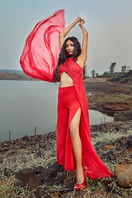 Shop Babita Malkani Red Flat Chiffon, Italian Crepe Halter Draped Crop Top And Pant Set at Aza Fashions Shop_Babita Malkani_Red Flat Chiffon, Italian Crepe Halter Draped Crop Top And Pant Set _at_Aza_Fashions