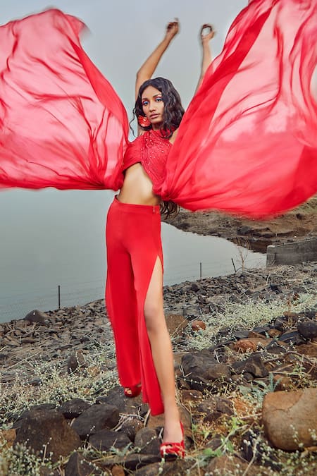 Babita Malkani Red Flat Chiffon, Italian Crepe Halter Draped Crop Top And Pant Set Online at Aza Fashions Babita Malkani_Red Flat Chiffon, Italian Crepe Halter Draped Crop Top And Pant Set _Online_at_Aza_Fashions