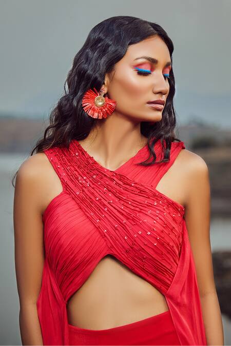 Buy Babita Malkani Red Flat Chiffon, Italian Crepe Halter Draped Crop Top And Pant Set Online at Aza Fashions Buy_Babita Malkani_Red Flat Chiffon, Italian Crepe Halter Draped Crop Top And Pant Set _Online_at_Aza_Fashions