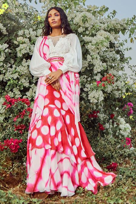 Shop_Babita Malkani_White Organza, Net, Flat Chiffon Round Draped Lehenga Saree With Blouse _at_Aza_Fashions