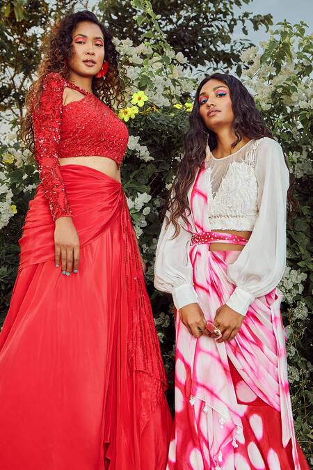 Shop_Babita Malkani_White Organza, Net, Flat Chiffon Round Draped Lehenga Saree With Blouse _Online_at_Aza_Fashions