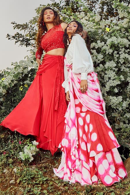 Babita Malkani_White Organza, Net, Flat Chiffon Round Draped Lehenga Saree With Blouse _at_Aza_Fashions