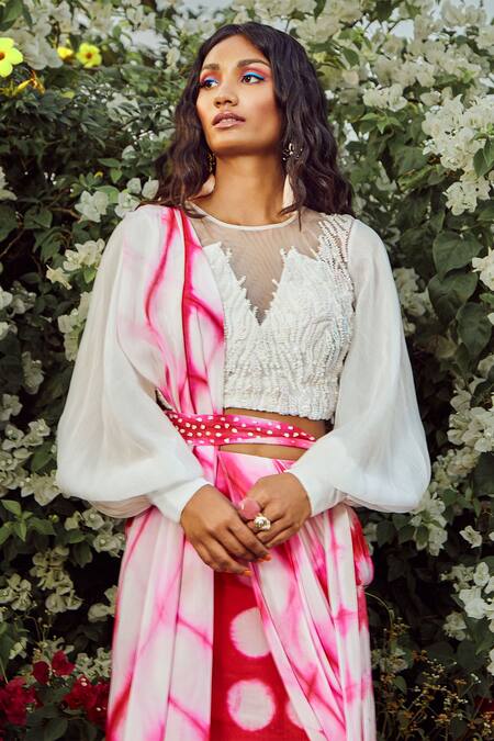 Babita Malkani_White Organza, Net, Flat Chiffon Round Draped Lehenga Saree With Blouse _Online_at_Aza_Fashions