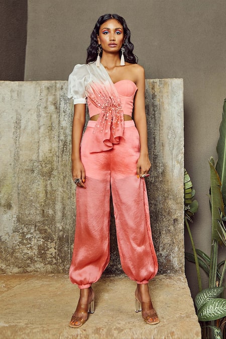 Babita Malkani_White Organza, Italian Crepe Asymmetric Dip Dyed Top And Pant Set_Online_at_Aza_Fashions