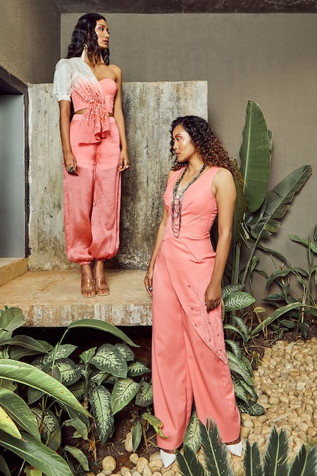 Shop_Babita Malkani_Peach Italian Crepe V Neck Draped Jumpsuit_Online_at_Aza_Fashions