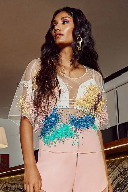 Babita Malkani_Peach Net, Banana , Italian Round Sheer Top And Pant Set _at_Aza_Fashions