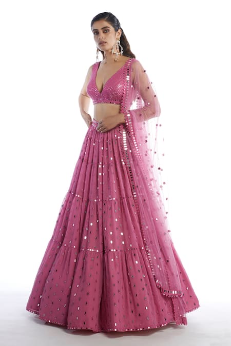 Buy_Vvani By Vani Vats_Pink Net, Georgette V Neck Embellished Tiered Bridal Lehenga Set _Online_at_Aza_Fashions