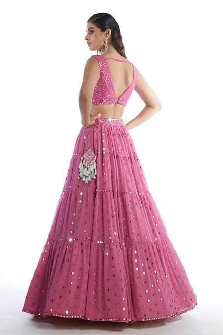 Shop_Vvani By Vani Vats_Pink Net, Georgette V Neck Embellished Tiered Bridal Lehenga Set _at_Aza_Fashions