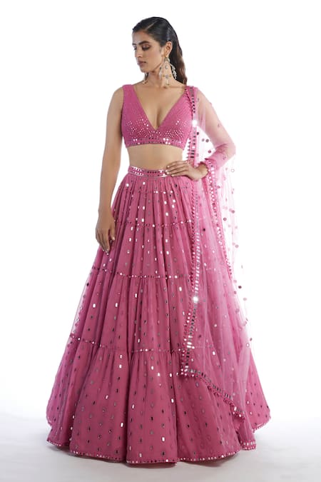Vvani By Vani Vats_Pink Net, Georgette V Neck Embellished Tiered Bridal Lehenga Set _Online_at_Aza_Fashions