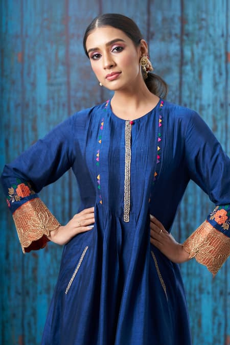 Label Niti Bothra Blue Silk Round Kurta And Applique Hem Palazzo Set Online at Aza Fashions Label Niti Bothra_Blue Silk Round Kurta And Applique Hem Palazzo Set _Online_at_Aza_Fashions