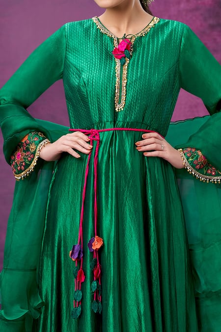 Label Niti Bothra_Green Kora Silk Mughal Round Floral Applique Anarkali With Dupatta _Online_at_Aza_Fashions