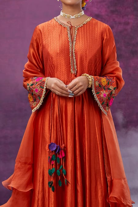 Buy Label Niti Bothra Orange Kora Silk Mughal Round Applique Anarkali With Dupatta Online at Aza Fashions Buy_Label Niti Bothra_Orange Kora Silk Mughal Round Applique Anarkali With Dupatta _Online_at_Aza_Fashions