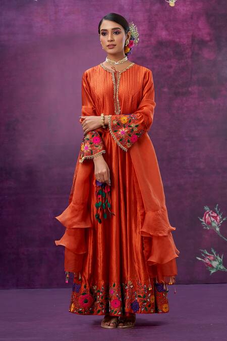 Shop Label Niti Bothra Orange Kora Silk Mughal Round Applique Anarkali With Dupatta Online at Aza Fashions Shop_Label Niti Bothra_Orange Kora Silk Mughal Round Applique Anarkali With Dupatta _Online_at_Aza_Fashions