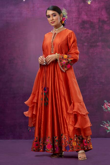 Label Niti Bothra Orange Kora Silk Mughal Round Applique Anarkali With Dupatta at Aza Fashions Label Niti Bothra_Orange Kora Silk Mughal Round Applique Anarkali With Dupatta _at_Aza_Fashions