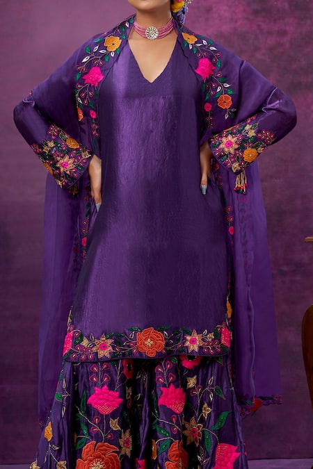 Label Niti Bothra Purple Kora Silk Mughal Round Applique Kurta Sharara Set Online at Aza Fashions Label Niti Bothra_Purple Kora Silk Mughal Round Applique Kurta Sharara Set _Online_at_Aza_Fashions