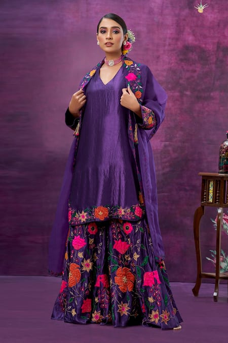 Buy Label Niti Bothra Purple Kora Silk Mughal Round Applique Kurta Sharara Set Online at Aza Fashions Buy_Label Niti Bothra_Purple Kora Silk Mughal Round Applique Kurta Sharara Set _Online_at_Aza_Fashions