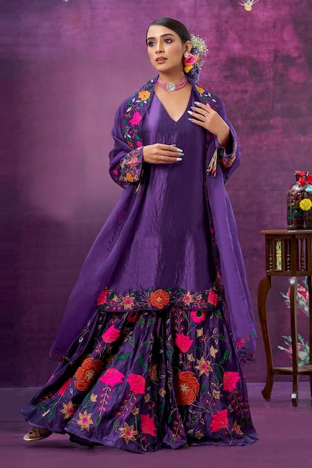 Shop Label Niti Bothra Purple Kora Silk Mughal Round Applique Kurta Sharara Set Online at Aza Fashions Shop_Label Niti Bothra_Purple Kora Silk Mughal Round Applique Kurta Sharara Set _Online_at_Aza_Fashions