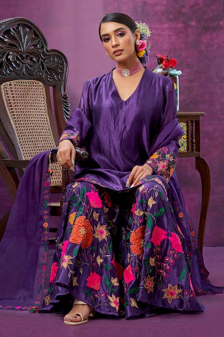 Label Niti Bothra Purple Kora Silk Mughal Round Applique Kurta Sharara Set at Aza Fashions Label Niti Bothra_Purple Kora Silk Mughal Round Applique Kurta Sharara Set _at_Aza_Fashions