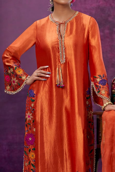 Label Niti Bothra Orange Kora Silk Mughal Round Floral Applique Kurta Pant Set Online at Aza Fashions Label Niti Bothra_Orange Kora Silk Mughal Round Floral Applique Kurta Pant Set _Online_at_Aza_Fashions