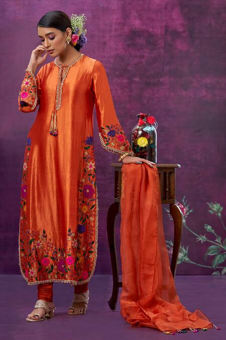 Buy Label Niti Bothra Orange Kora Silk Mughal Round Floral Applique Kurta Pant Set Online at Aza Fashions Buy_Label Niti Bothra_Orange Kora Silk Mughal Round Floral Applique Kurta Pant Set _Online_at_Aza_Fashions