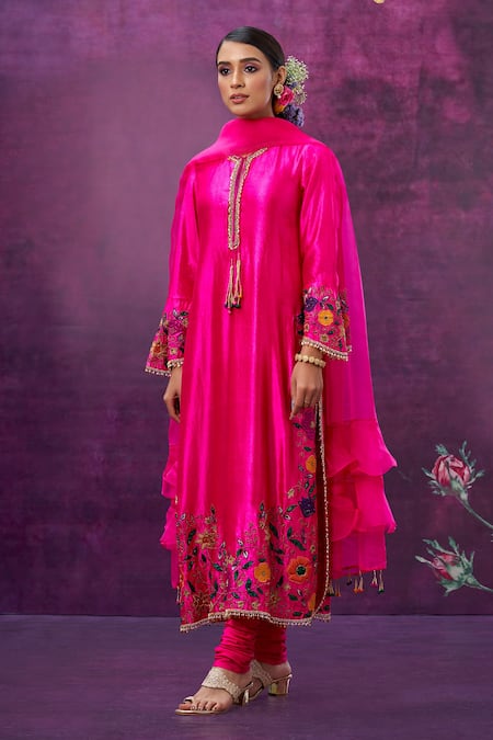Buy Label Niti Bothra Pink Kora Silk Mughal Round Applique Kurta Pant Set Online at Aza Fashions Buy_Label Niti Bothra_Pink Kora Silk Mughal Round Applique Kurta Pant Set _Online_at_Aza_Fashions