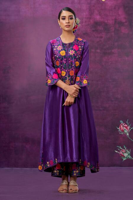 Label Niti Bothra Purple Kora Silk Mughal Round Applique Kurta And Palazzo Set Online at Aza Fashions Label Niti Bothra_Purple Kora Silk Mughal Round Applique Kurta And Palazzo Set _Online_at_Aza_Fashions