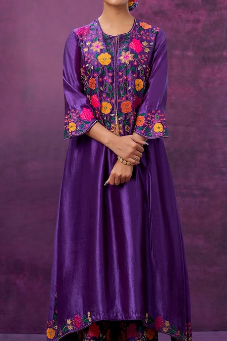 Buy Label Niti Bothra Purple Kora Silk Mughal Round Applique Kurta And Palazzo Set Online at Aza Fashions Buy_Label Niti Bothra_Purple Kora Silk Mughal Round Applique Kurta And Palazzo Set _Online_at_Aza_Fashions