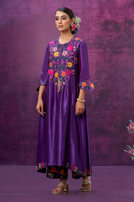 Shop Label Niti Bothra Purple Kora Silk Mughal Round Applique Kurta And Palazzo Set Online at Aza Fashions Shop_Label Niti Bothra_Purple Kora Silk Mughal Round Applique Kurta And Palazzo Set _Online_at_Aza_Fashions
