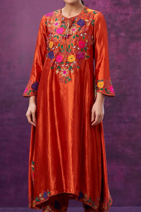 Label Niti Bothra_Orange Kora Silk Mughal Round Floral Applique Kurta And Palazzo Set _Online_at_Aza_Fashions