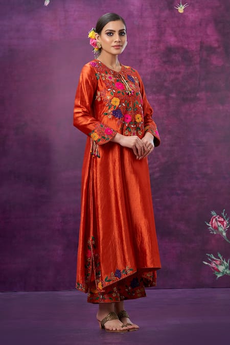Buy_Label Niti Bothra_Orange Kora Silk Mughal Round Floral Applique Kurta And Palazzo Set _Online_at_Aza_Fashions