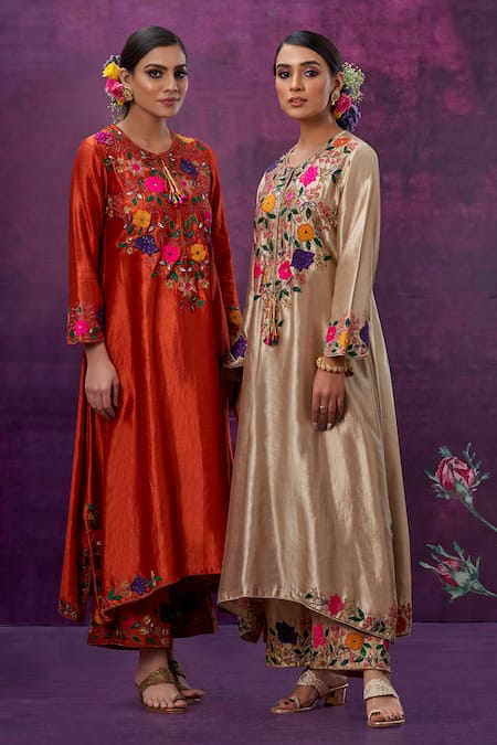 Shop_Label Niti Bothra_Orange Kora Silk Mughal Round Floral Applique Kurta And Palazzo Set _Online_at_Aza_Fashions