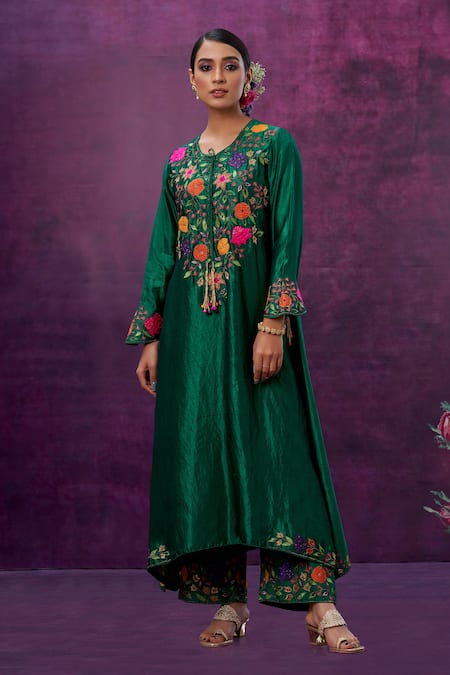 Buy_Label Niti Bothra_Green Kora Silk Mughal Round Applique Kurta And Palazzo Set _Online_at_Aza_Fashions