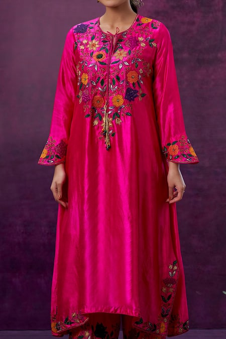 Buy Label Niti Bothra Pink Kora Silk Mughal Round Applique Kurta And Palazzo Set Online at Aza Fashions Buy_Label Niti Bothra_Pink Kora Silk Mughal Round Applique Kurta And Palazzo Set _Online_at_Aza_Fashions