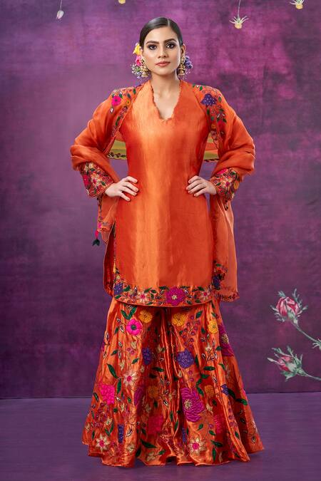 Label Niti Bothra_Orange Kora Silk Mughal Round Floral Applique Kurta Sharara Set _Online_at_Aza_Fashions