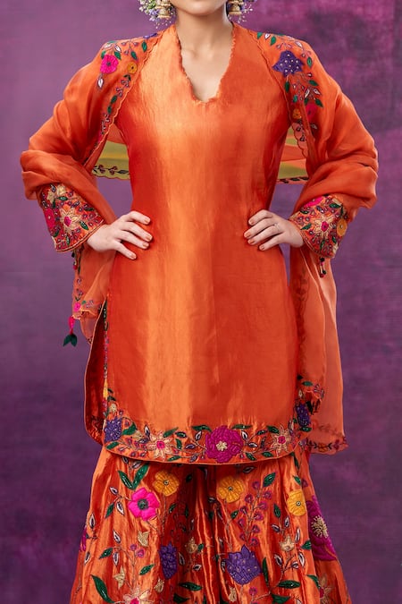 Buy_Label Niti Bothra_Orange Kora Silk Mughal Round Floral Applique Kurta Sharara Set _Online_at_Aza_Fashions