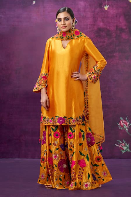 Label Niti Bothra Yellow Kora Silk Mughal Round Floral Applique Kurta Sharara Set Online at Aza Fashions Label Niti Bothra_Yellow Kora Silk Mughal Round Floral Applique Kurta Sharara Set _Online_at_Aza_Fashions