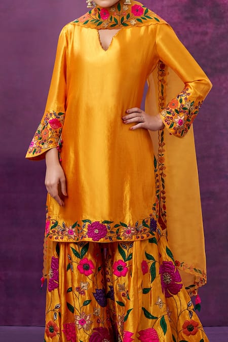 Buy Label Niti Bothra Yellow Kora Silk Mughal Round Floral Applique Kurta Sharara Set Online at Aza Fashions Buy_Label Niti Bothra_Yellow Kora Silk Mughal Round Floral Applique Kurta Sharara Set _Online_at_Aza_Fashions