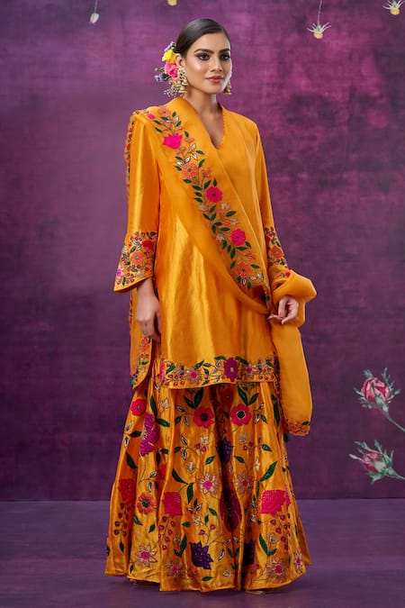 Shop Label Niti Bothra Yellow Kora Silk Mughal Round Floral Applique Kurta Sharara Set Online at Aza Fashions Shop_Label Niti Bothra_Yellow Kora Silk Mughal Round Floral Applique Kurta Sharara Set _Online_at_Aza_Fashions