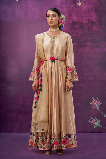 Buy Label Niti Bothra Ivory Kora Silk Mughal Round Floral Applique Anarkali With Dupatta Online at Aza Fashions Buy_Label Niti Bothra_Ivory Kora Silk Mughal Round Floral Applique Anarkali With Dupatta _Online_at_Aza_Fashions