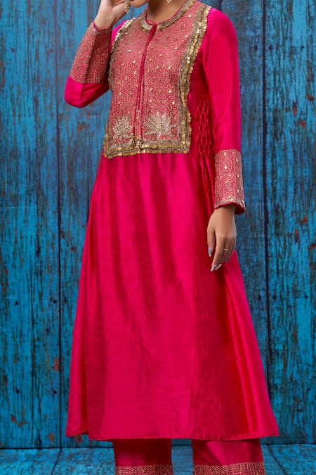 Label Niti Bothra_Pink Silk Zari Jaal Round Lotus Work Yoke Kurta And Palazzo Set _Online_at_Aza_Fashions