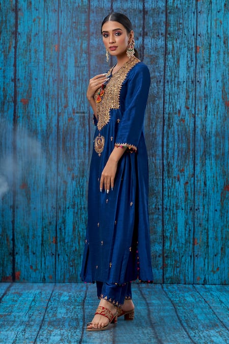 Label Niti Bothra_Blue Silk Marodi, Tikki, Zardozi Round Embroidered Kurta And Palazzo Set _Online_at_Aza_Fashions