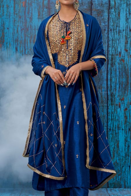 Buy_Label Niti Bothra_Blue Silk Marodi, Tikki, Zardozi Round Embroidered Kurta And Palazzo Set _Online_at_Aza_Fashions