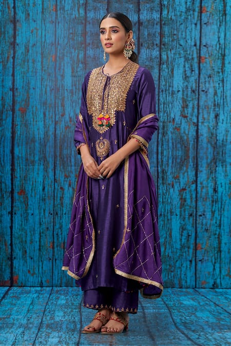 Label Niti Bothra_Purple Silk Marodi, Tikki, Zardozi Round Neck Kurta And Palazzo Set _Online_at_Aza_Fashions