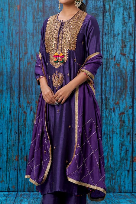 Buy_Label Niti Bothra_Purple Silk Marodi, Tikki, Zardozi Round Neck Kurta And Palazzo Set _Online_at_Aza_Fashions