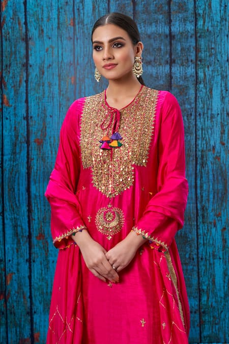 Buy_Label Niti Bothra_Pink Silk Marodi, Tikki, Zardozi Round Cutwork Sleeve Kurta And Palazzo Set _Online_at_Aza_Fashions