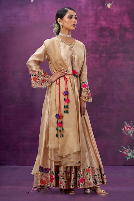 Shop Label Niti Bothra Ivory Kora Silk Mughal Round Floral Applique Anarkali With Dupatta Online at Aza Fashions Shop_Label Niti Bothra_Ivory Kora Silk Mughal Round Floral Applique Anarkali With Dupatta _Online_at_Aza_Fashions