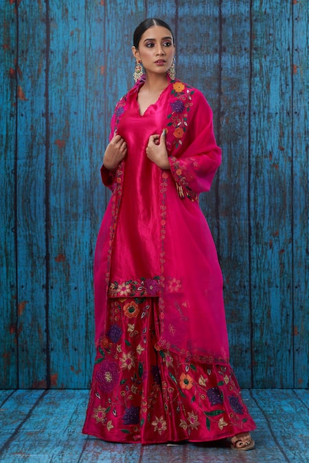 Label Niti Bothra_Pink Kora Silk Mughal Round Floral Applique Kurta Sharara Set _Online_at_Aza_Fashions
